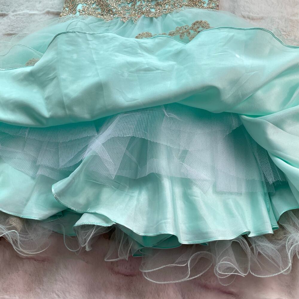 🔥Let’s Aqua Mesh Illusion Neck Gold Lace Appliqué Tulle Party Babydoll Dress - Picture 13 of 16